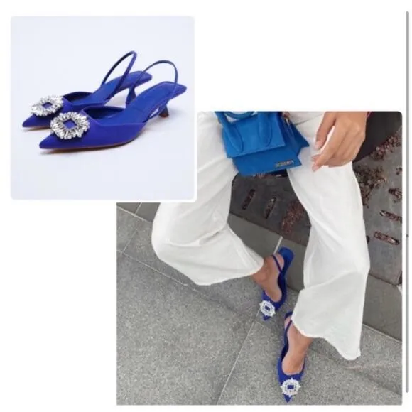 Zara Blue SHIMMERY MID-HEEL SLINGBACK SHOES Size 5