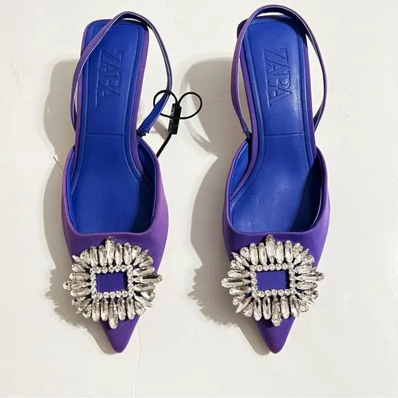 Zara Blue SHIMMERY MID-HEEL SLINGBACK SHOES Size 5