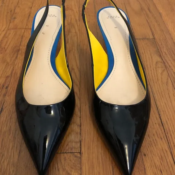 Zara Contrast Patent Suede Pointy Toe Slingbacks