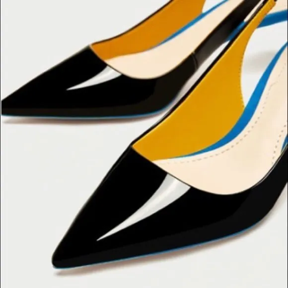 Zara Contrast Patent Suede Pointy Toe Slingbacks