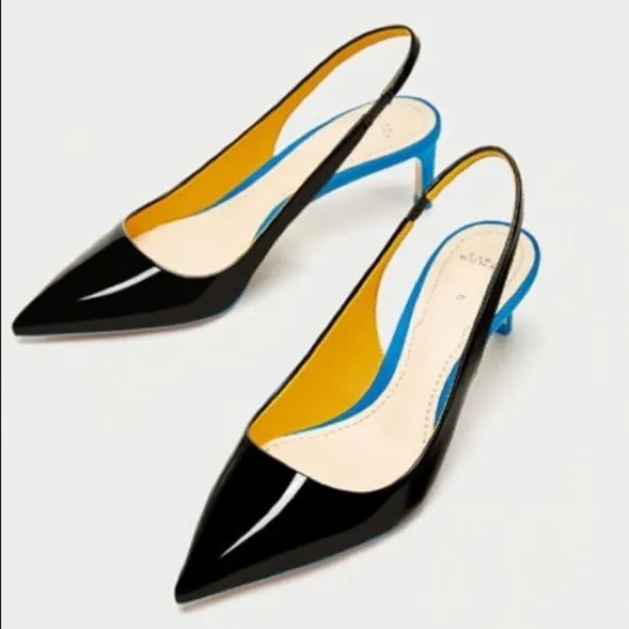 Zara Contrast Patent Suede Pointy Toe Slingbacks