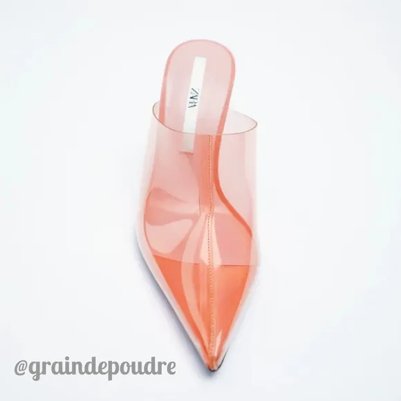 Zara Coral Red Vinyl Clear High Heel Mules 38 7.5