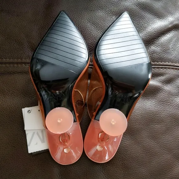 Zara Coral Red Vinyl Clear High Heel Mules 38 7.5