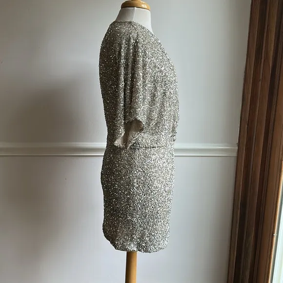 Zara Elegant Silver Sequin Faux Wrap V-neck mini dress open back Medium EUC