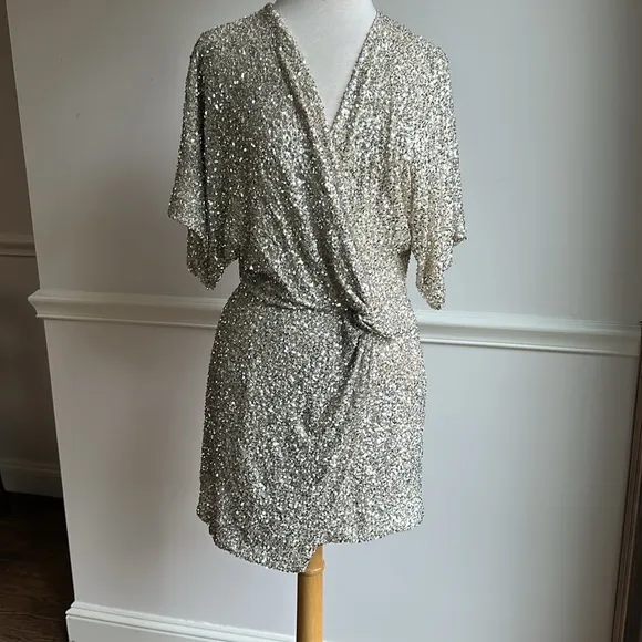 Zara Elegant Silver Sequin Faux Wrap V-neck mini dress open back Medium EUC
