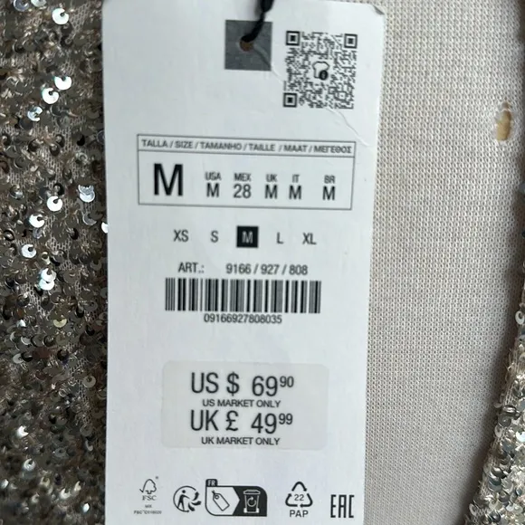 Zara Elegant Silver Sequin Faux Wrap V-neck mini dress open back Medium EUC