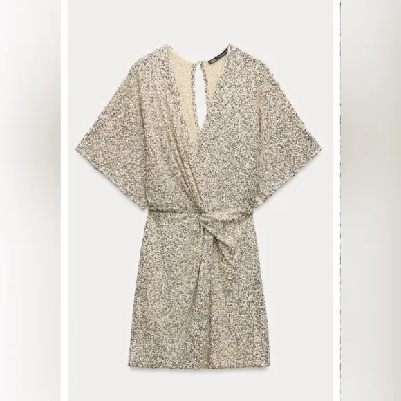 Zara Elegant Silver Sequin Faux Wrap V-neck mini dress open back Medium EUC