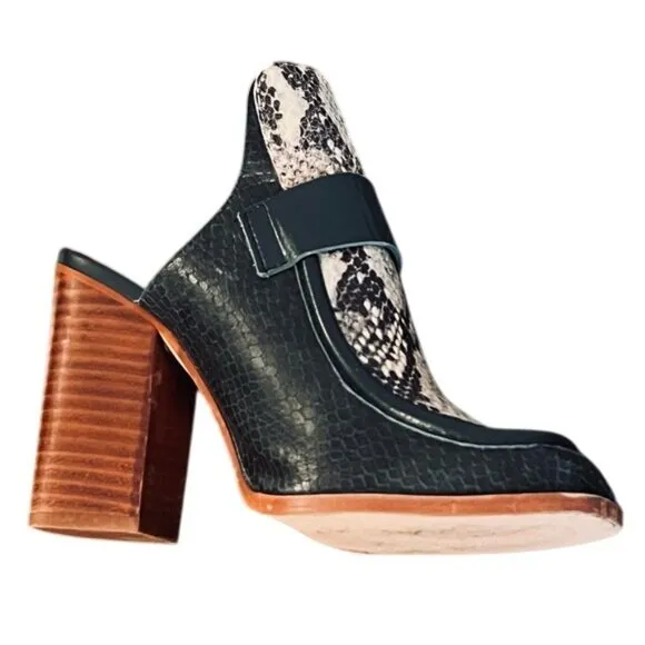 Zara Faux Leather Snake-Print Block Heel Mules With Chunky Wooden Heel Size 6.5