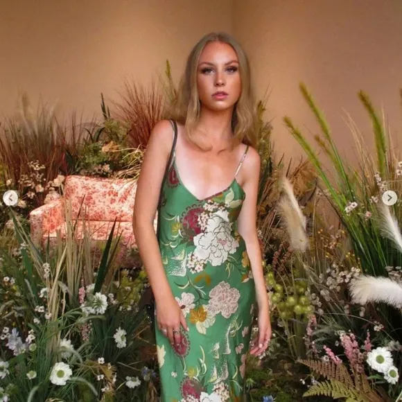 Zara Floral Print Satin Effect Slip Midi Maxi Dress Green Tie Back Size Medium