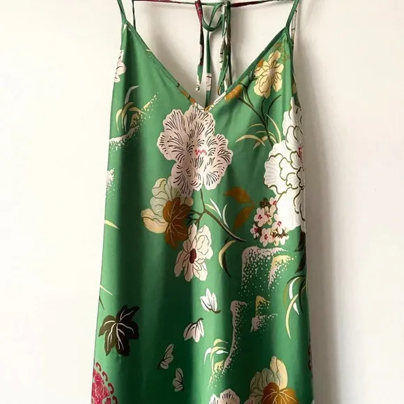 Zara Floral Print Satin Effect Slip Midi Maxi Dress Green Tie Back Size Medium