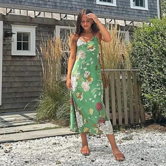 Zara Floral Print Satin Effect Slip Midi Maxi Dress Green Tie Back Size Medium