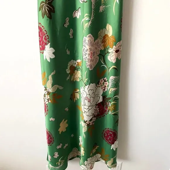 Zara Floral Print Satin Effect Slip Midi Maxi Dress Green Tie Back Size Medium