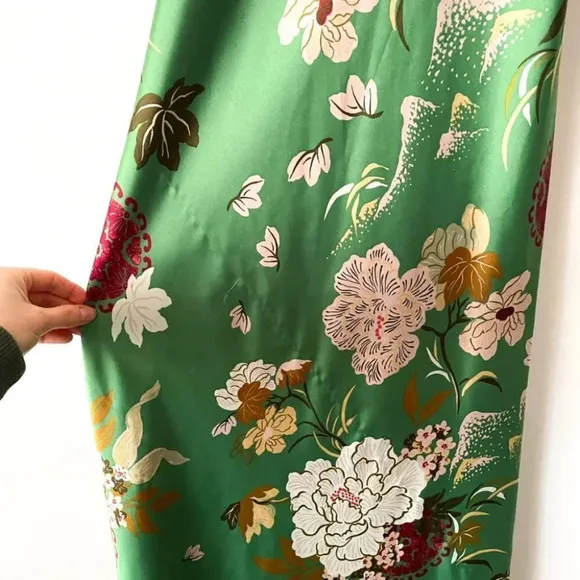 Zara Floral Print Satin Effect Slip Midi Maxi Dress Green Tie Back Size Medium