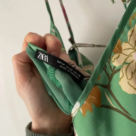 Zara Floral Print Satin Effect Slip Midi Maxi Dress Green Tie Back Size Medium