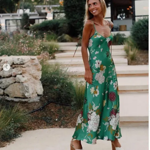 Zara Floral Print Satin Effect Slip Midi Maxi Dress Green Tie Back Size Medium