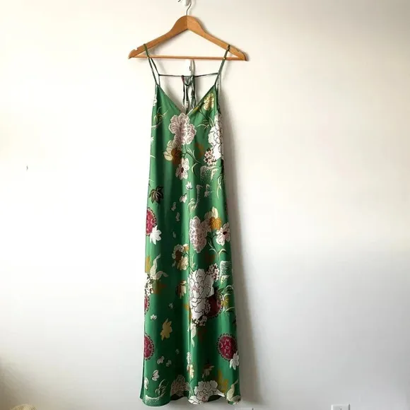 Zara Floral Print Satin Effect Slip Midi Maxi Dress Green Tie Back Size Medium