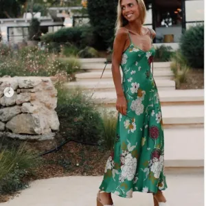 Zara Floral Print Satin Effect Slip Midi Maxi Dress Green Tie Back Size Medium