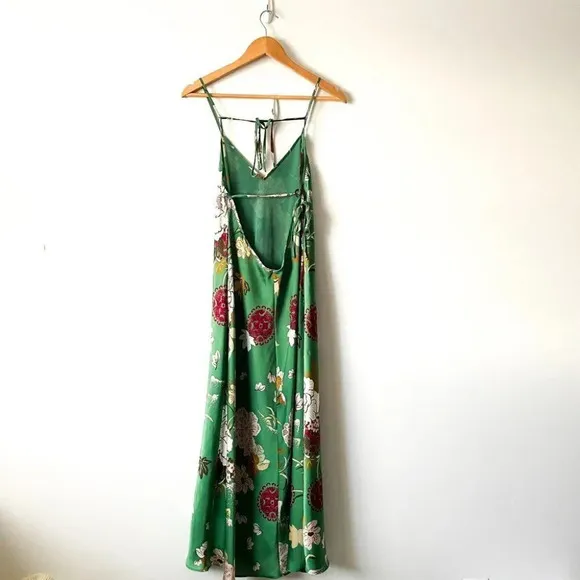 Zara Floral Print Satin Effect Slip Midi Maxi Dress Green Tie Back Size Medium