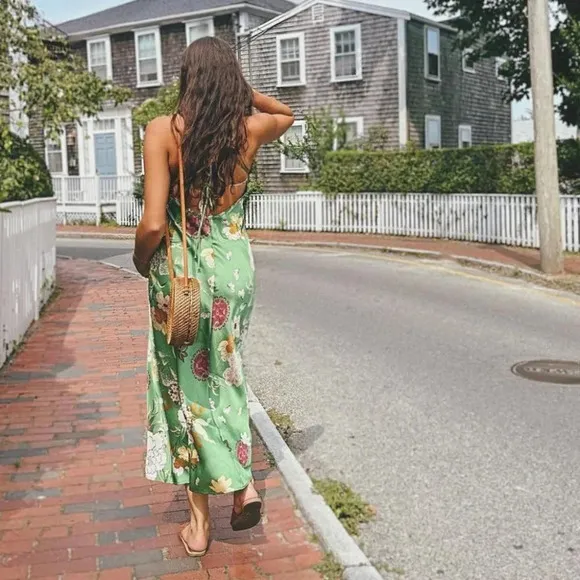 Zara Floral Print Satin Effect Slip Midi Maxi Dress Green Tie Back Size Medium