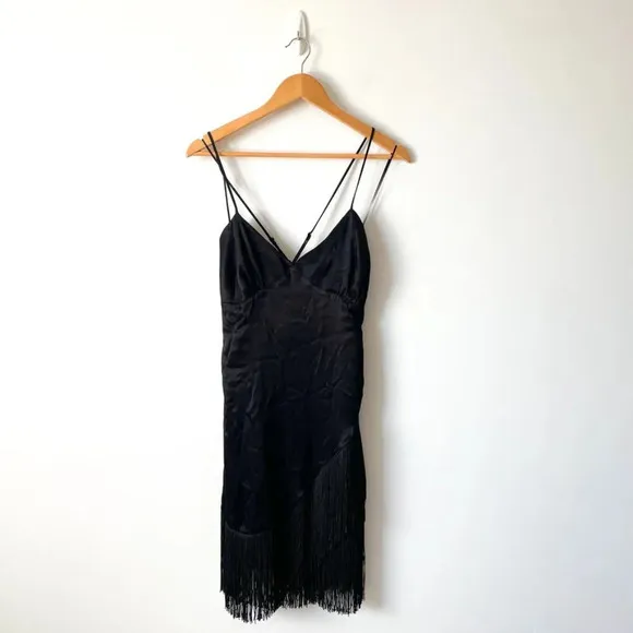 Zara Fringed Slip Mini Dress Black Size XS