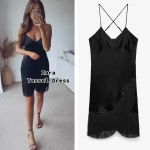 Zara Fringed Slip Mini Dress Black Size XS