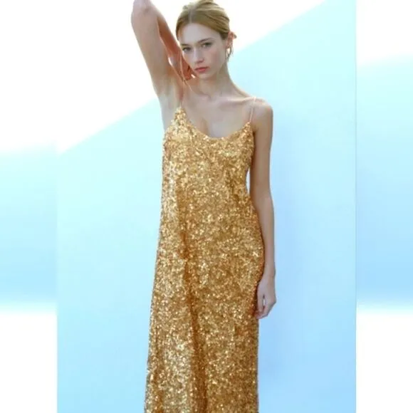 ZARA GOLD SEQUIN KNIT SLIP DRESS bloggers favorite