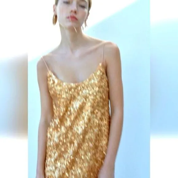 ZARA GOLD SEQUIN KNIT SLIP DRESS bloggers favorite