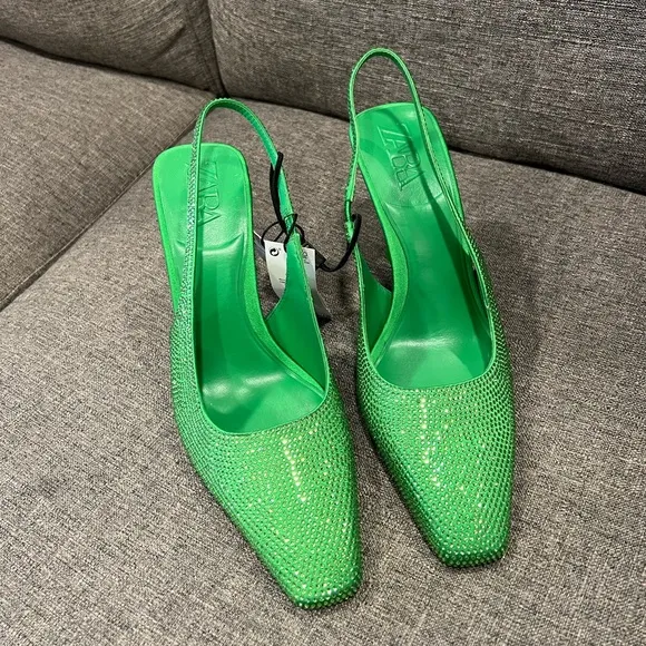 Zara Green Rhinestone Slingback Heels