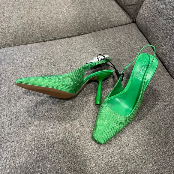 Zara Green Rhinestone Slingback Heels