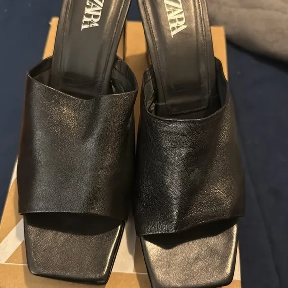 Zara leather heel platform mules black size 9US/40