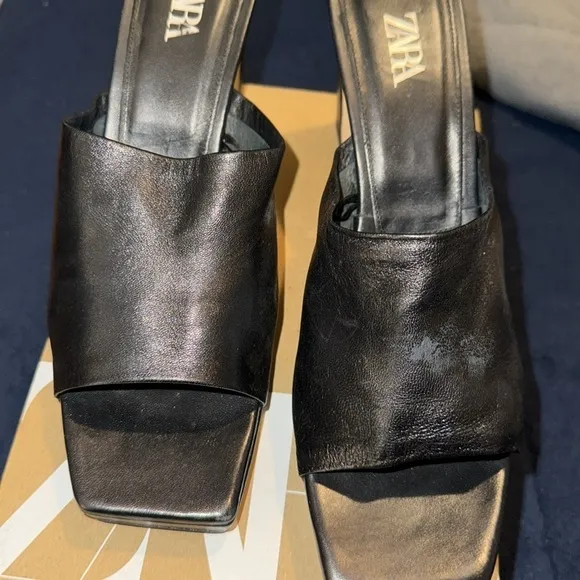 Zara leather heel platform mules black size 9US/40