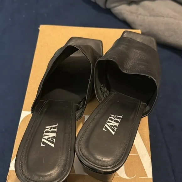 Zara leather heel platform mules black size 9US/40