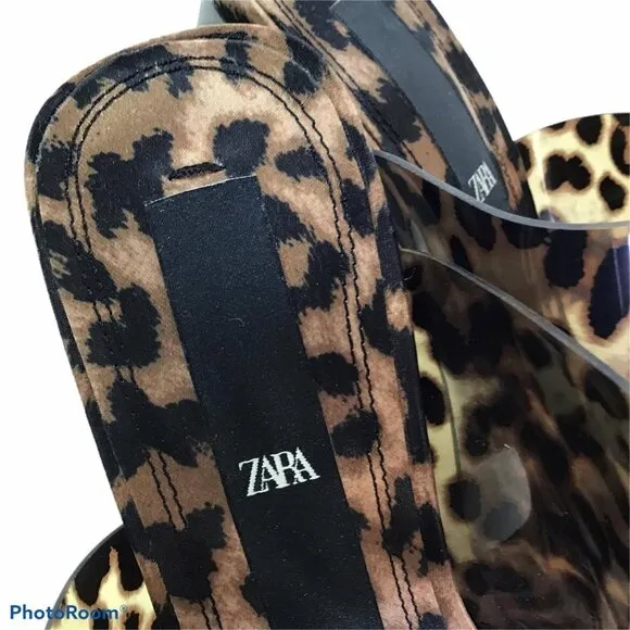 ZARA  Leopard Print Vinyl Heeled Mules Sz …