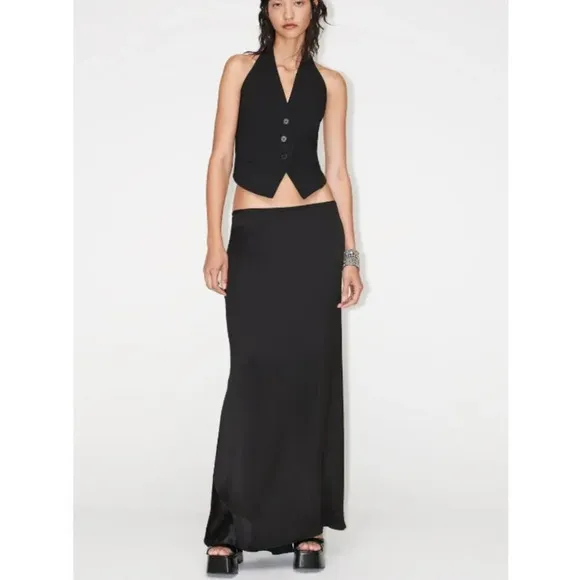 Zara Long Satin Effect Slip Maxi Skirt NWT Black Size Small