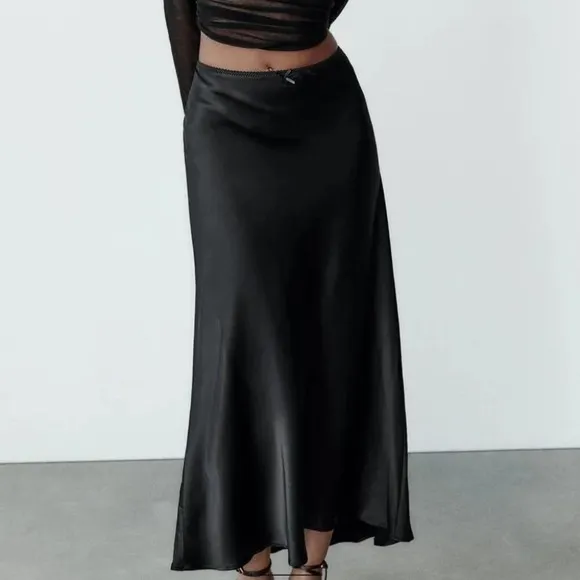 Zara Long Satin Effect Slip Maxi Skirt NWT Black Size Small