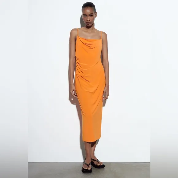 Zara midi dress fitted slip fit orange summer