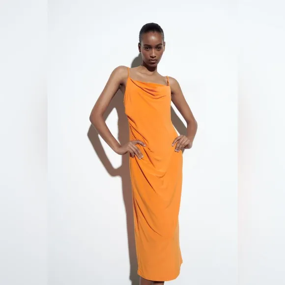 Zara midi dress fitted slip fit orange summer