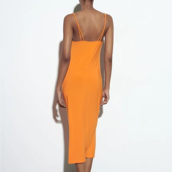 Zara midi dress fitted slip fit orange summer