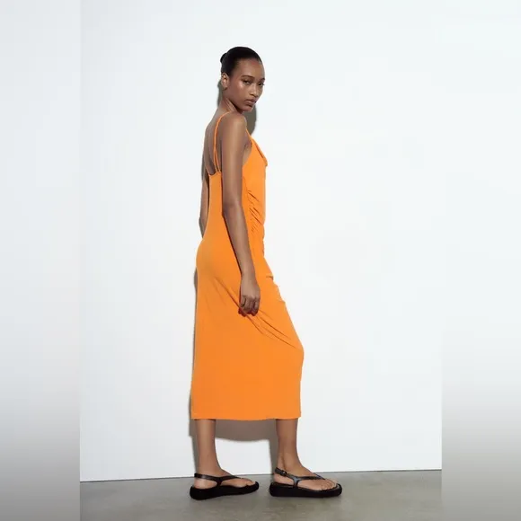 Zara midi dress fitted slip fit orange summer