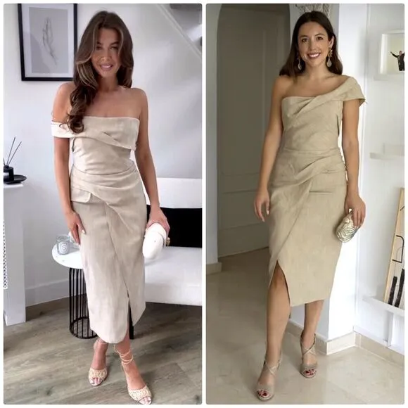 Zara Midi Slip Dress Womens Small Asymmetrical Taupe Neutral Sheath 3265/332