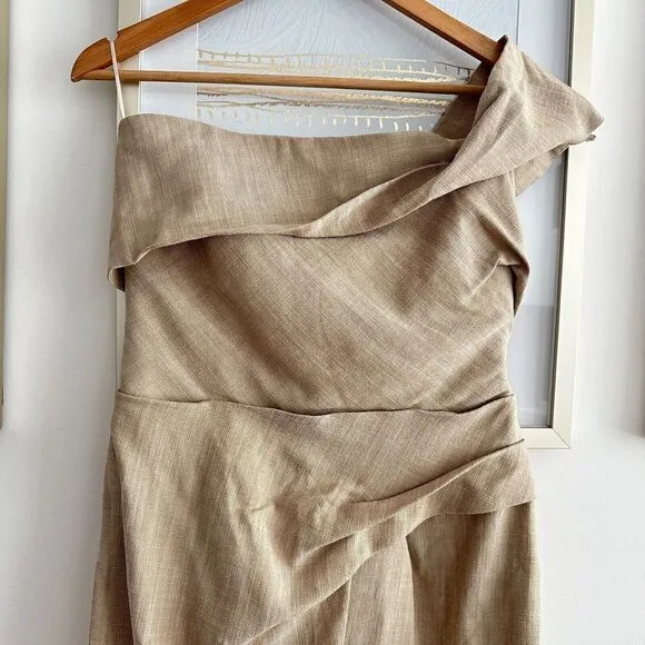 Zara Midi Slip Dress Womens Small Asymmetrical Taupe Neutral Sheath 3265/332