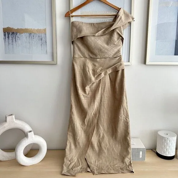 Zara Midi Slip Dress Womens Small Asymmetrical Taupe Neutral Sheath 3265/332