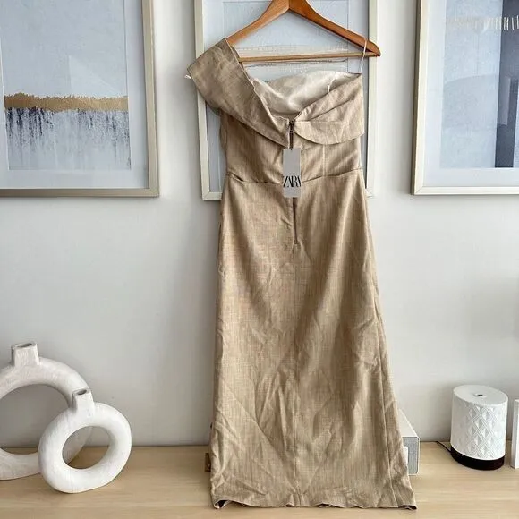 Zara Midi Slip Dress Womens Small Asymmetrical Taupe Neutral Sheath 3265/332