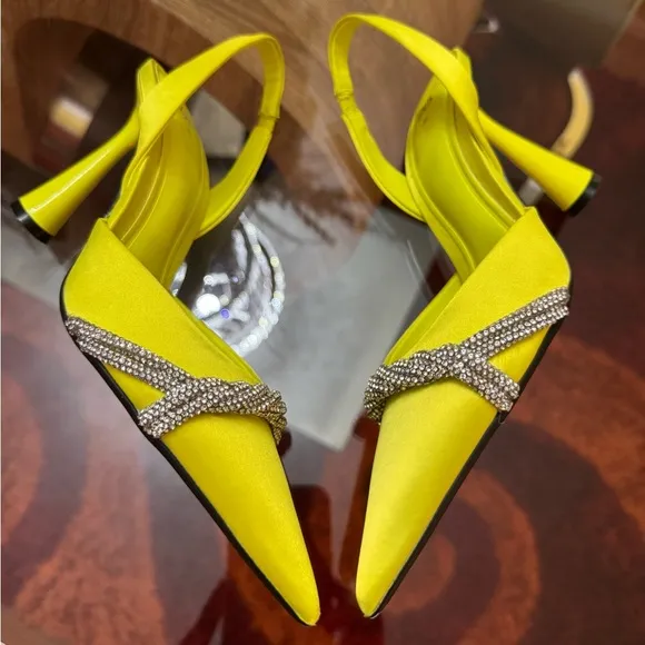 ZARA, Neon Green Satin Effect Rhinestone Heels In Neon green. Size 36/6