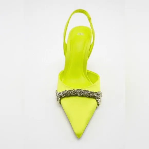 ZARA, Neon Green Satin Effect Rhinestone Heels In Neon green. Size 36/6