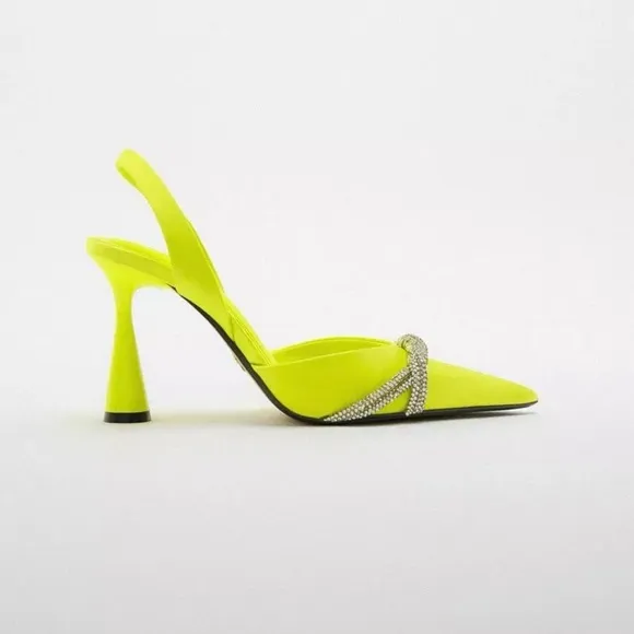 ZARA, Neon Green Satin Effect Rhinestone Heels In Neon green. Size 36/6