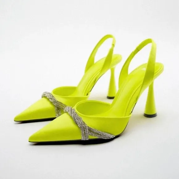 ZARA, Neon Green Satin Effect Rhinestone Heels In Neon green. Size 36/6