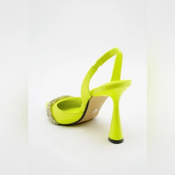 ZARA, Neon Green Satin Effect Rhinestone Heels In Neon green. Size 36/6