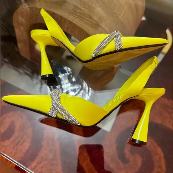 ZARA, Neon Green Satin Effect Rhinestone Heels In Neon green. Size 36/6