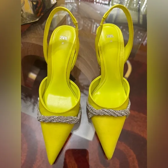 ZARA, Neon Green Satin Effect Rhinestone Heels In Neon green. Size 36/6